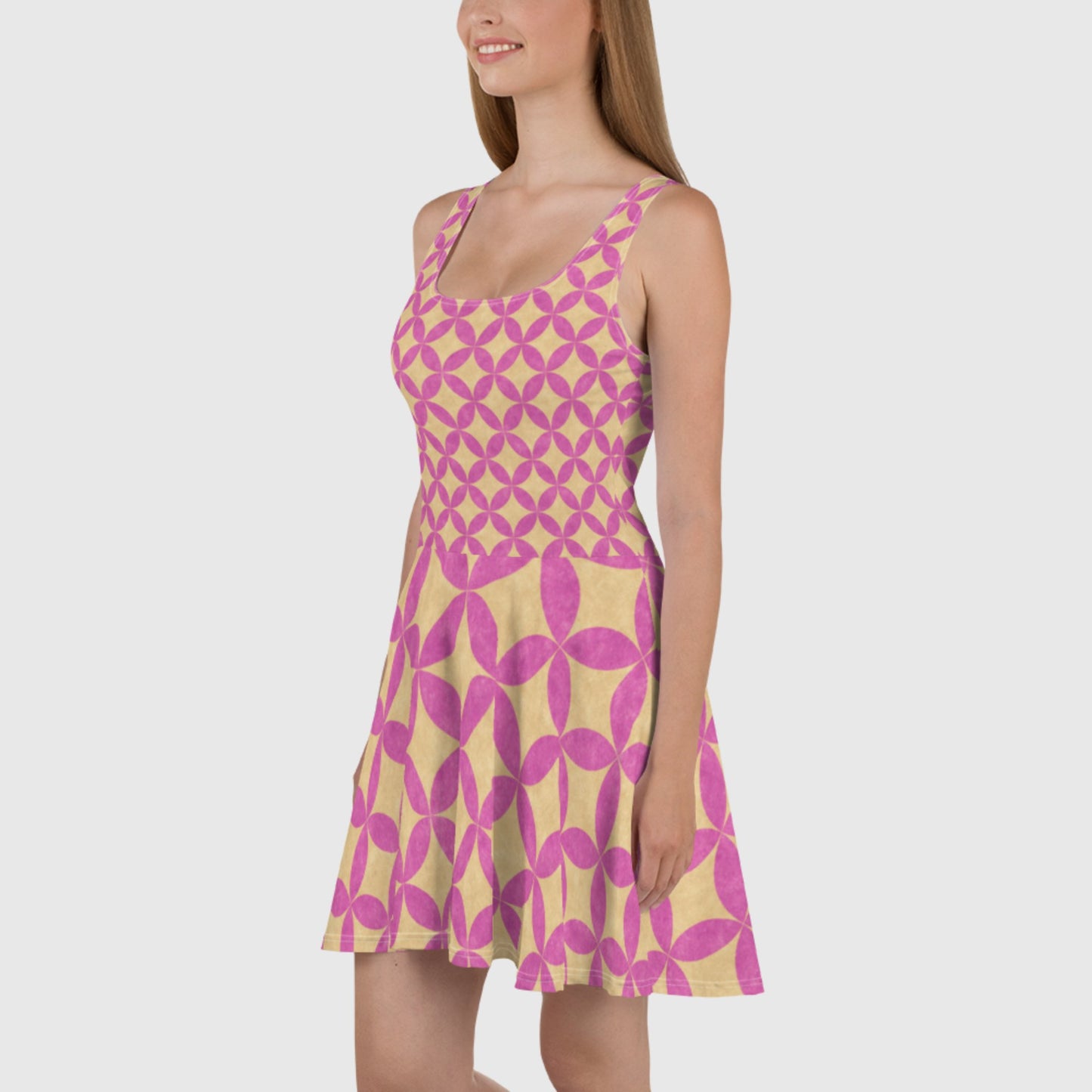 Women's Skater Dress, light yellow and pink skater dress, Geometric pattern sleeveless dress, Skater dress for summer and spring - PratSN