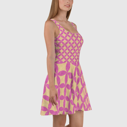 Women's Skater Dress, light yellow and pink skater dress, Geometric pattern sleeveless dress, Skater dress for summer and spring - PratSN