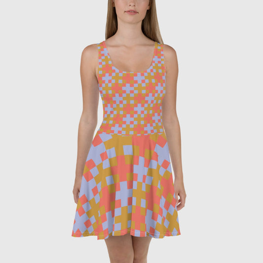 Women's Skater Dress, Multicolor skater dress, Geometric pattern sleeveless dress, Skater dress for summer and spring - PratSN