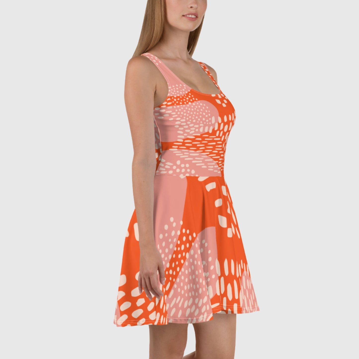Women's Skater Dress, Orange - white skater dress, Abstract sleeveless dress, Skater dress for summer and spring - PratSN