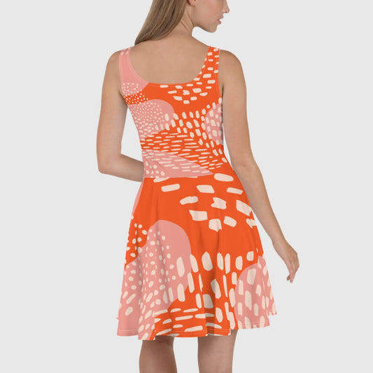 Women's Skater Dress, Orange - white skater dress, Abstract sleeveless dress, Skater dress for summer and spring - PratSN