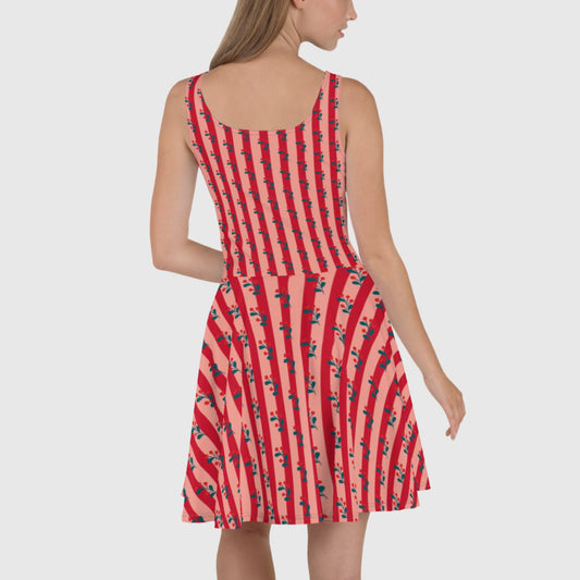 Women's Skater Dress, Red and light pink skater dress, Booming and stripped sleeveless dress, Skater dress for summer and spring - PratSN