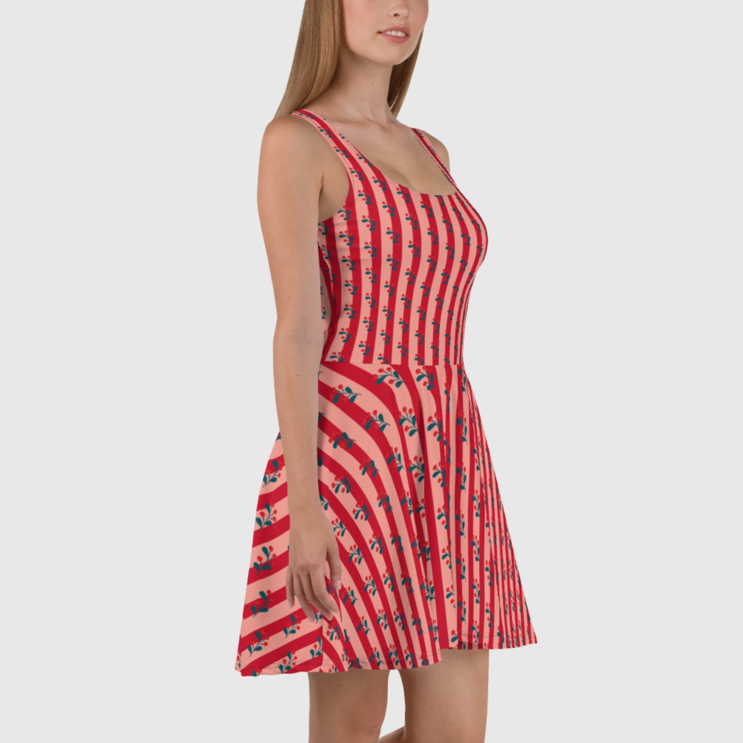 Women's Skater Dress, Red and light pink skater dress, Booming and stripped sleeveless dress, Skater dress for summer and spring - PratSN