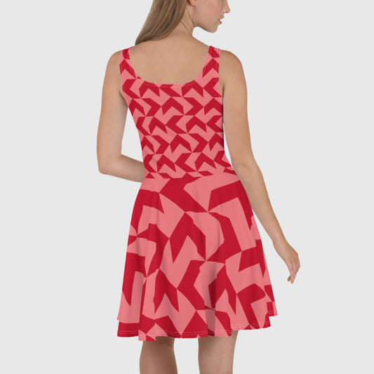 Women's Skater Dress, Red and light pink skater dress, Geometric pattern dress, Sleeveless dress, Skater dress for summer and spring - PratSN
