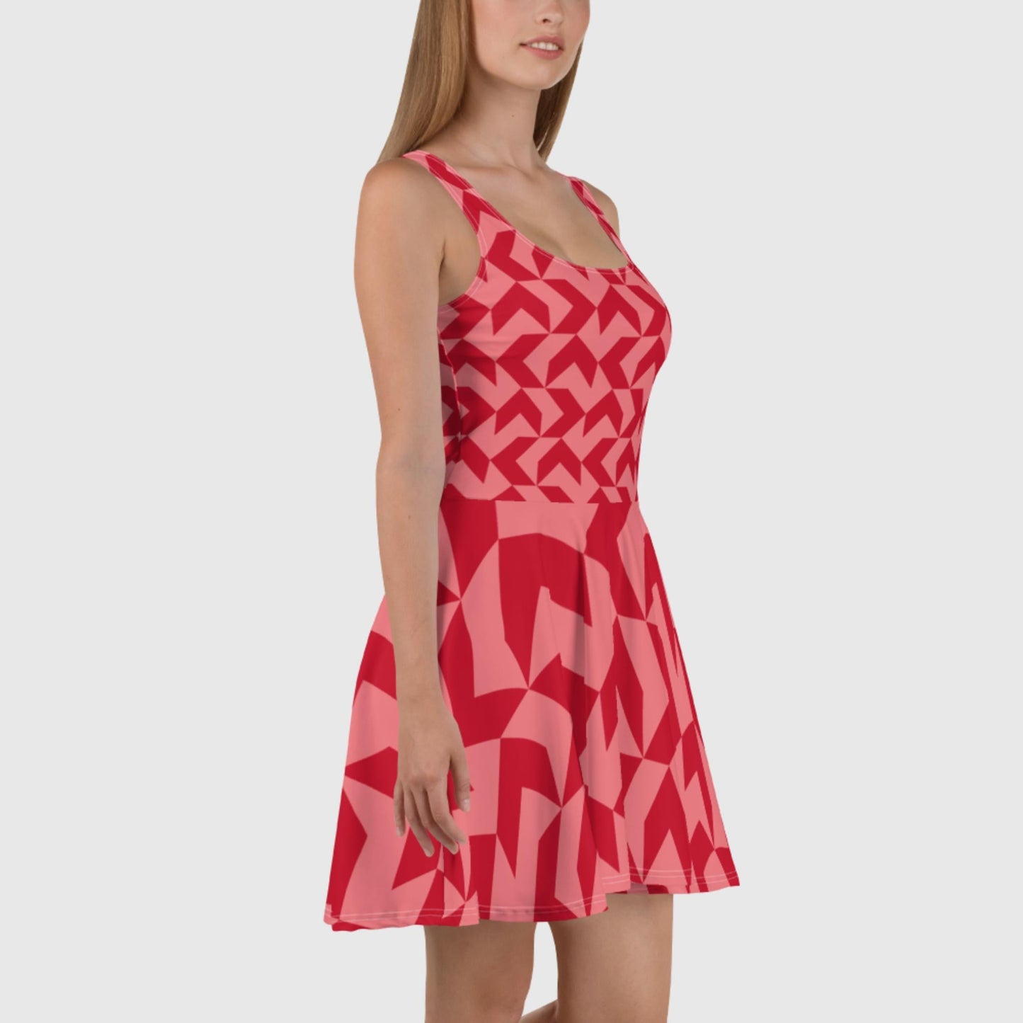 Women's Skater Dress, Red and light pink skater dress, Geometric pattern dress, Sleeveless dress, Skater dress for summer and spring - PratSN