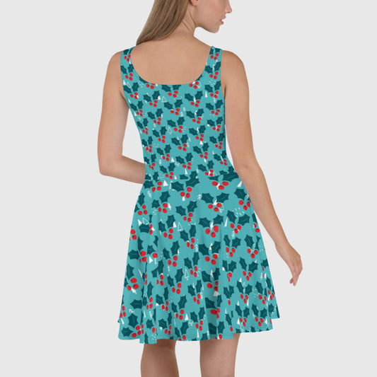 Women's Skater Dress, Sky blue and red skater dress, Blooming pattern sleeveless dress, Skater dress for summer and spring - PratSN
