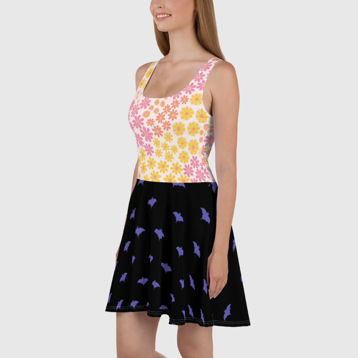 Women's Skater Dress, White and Black skater dress, Floral and bat pattern sleeveless dress, Skater dress for summer and spring - PratSN