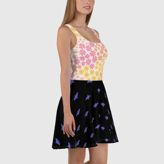 Women's Skater Dress, White and Black skater dress, Floral and bat pattern sleeveless dress, Skater dress for summer and spring - PratSN