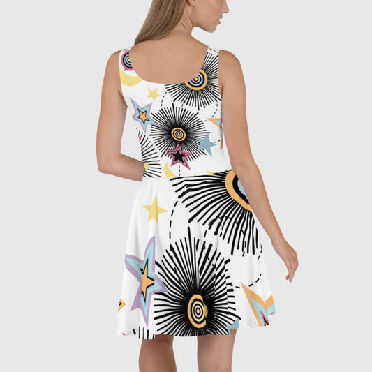 Women's skater dress, White, black and amber dress, Multicolor skater dress, Geometric pattern skater dress, skater dress for summer and spring - PratSN