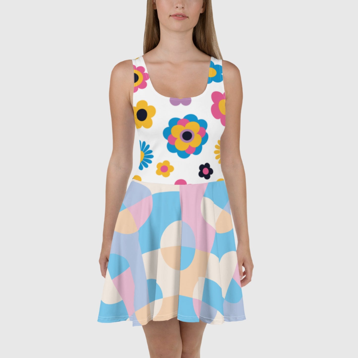 Women's Skater Dress, White - Pink - Sky blue skater dress, Floral and Geometric pattern sleeveless dress, Skater dress for summer and spring - PratSN