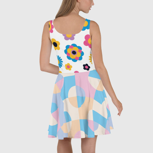 Women's Skater Dress, White - Pink - Sky blue skater dress, Floral and Geometric pattern sleeveless dress, Skater dress for summer and spring - PratSN