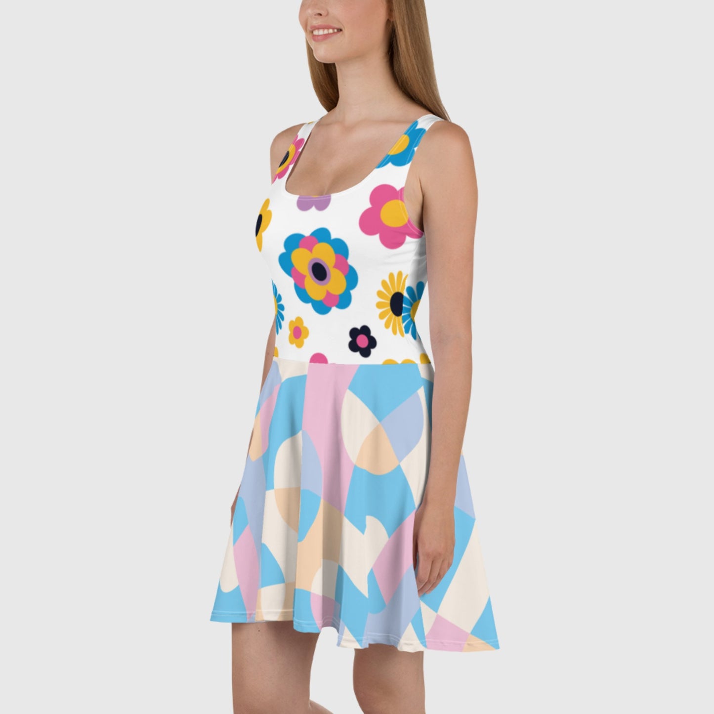 Women's Skater Dress, White - Pink - Sky blue skater dress, Floral and Geometric pattern sleeveless dress, Skater dress for summer and spring - PratSN