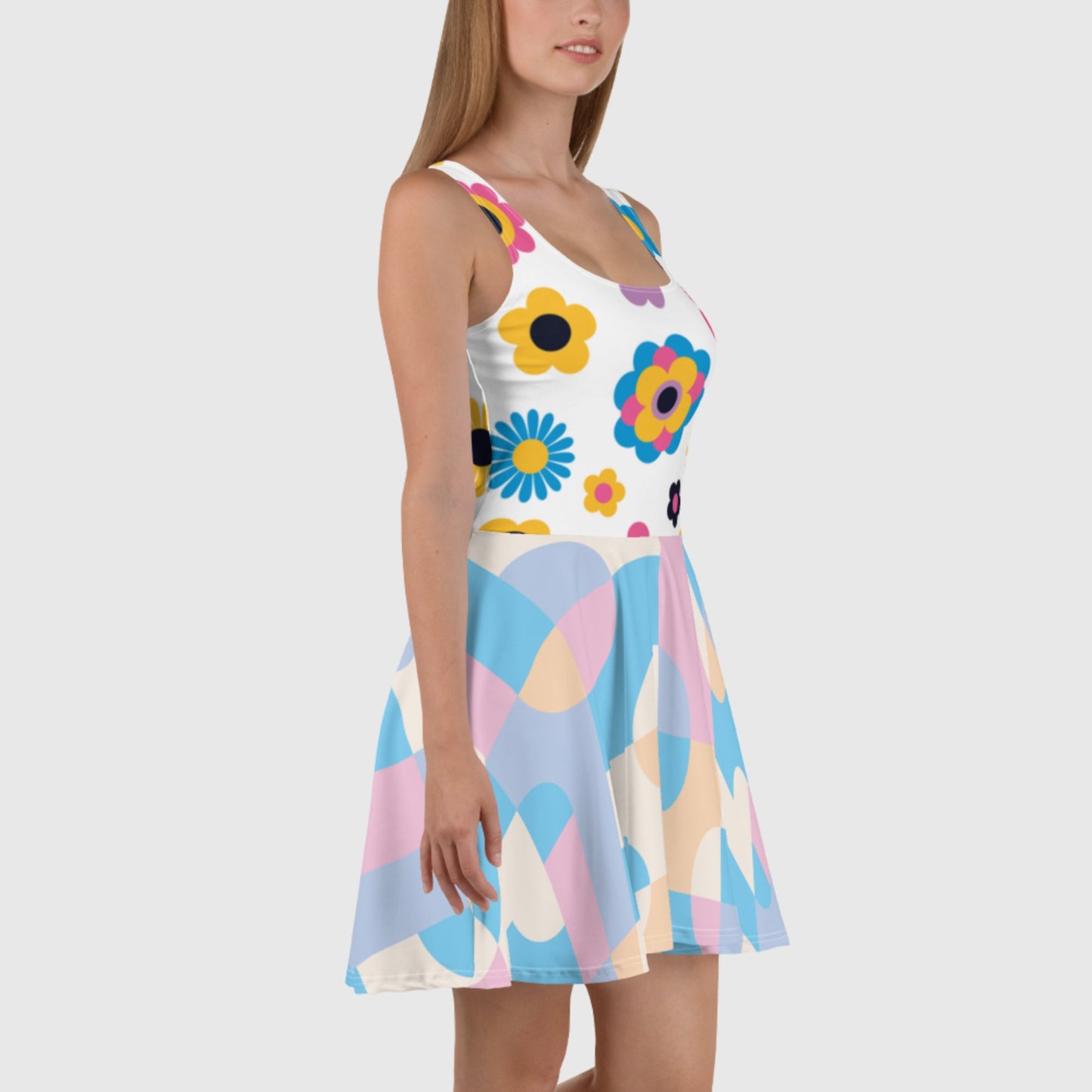 Women's Skater Dress, White - Pink - Sky blue skater dress, Floral and Geometric pattern sleeveless dress, Skater dress for summer and spring - PratSN