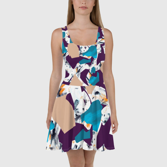 Women's skater dress, White, purple and blue dress, Multicolor skater dress, Mosaic pattern skater dress, skater dress for summer and spring - PratSN