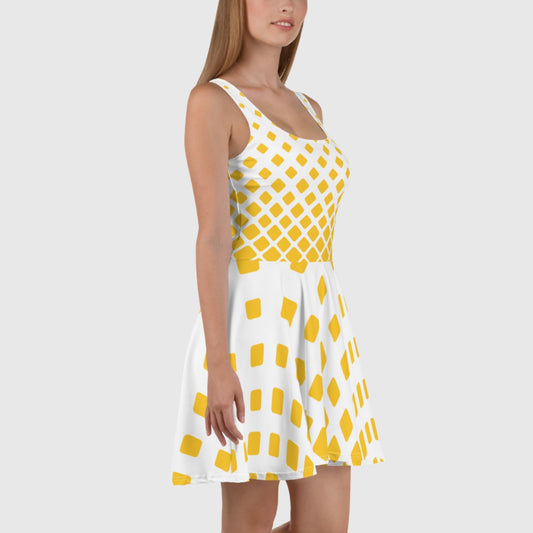 Women's Skater Dress, White - Yellow skater dress, Geometric pattern dress, Sleeveless dress, Skater dress for summer and spring - PratSN