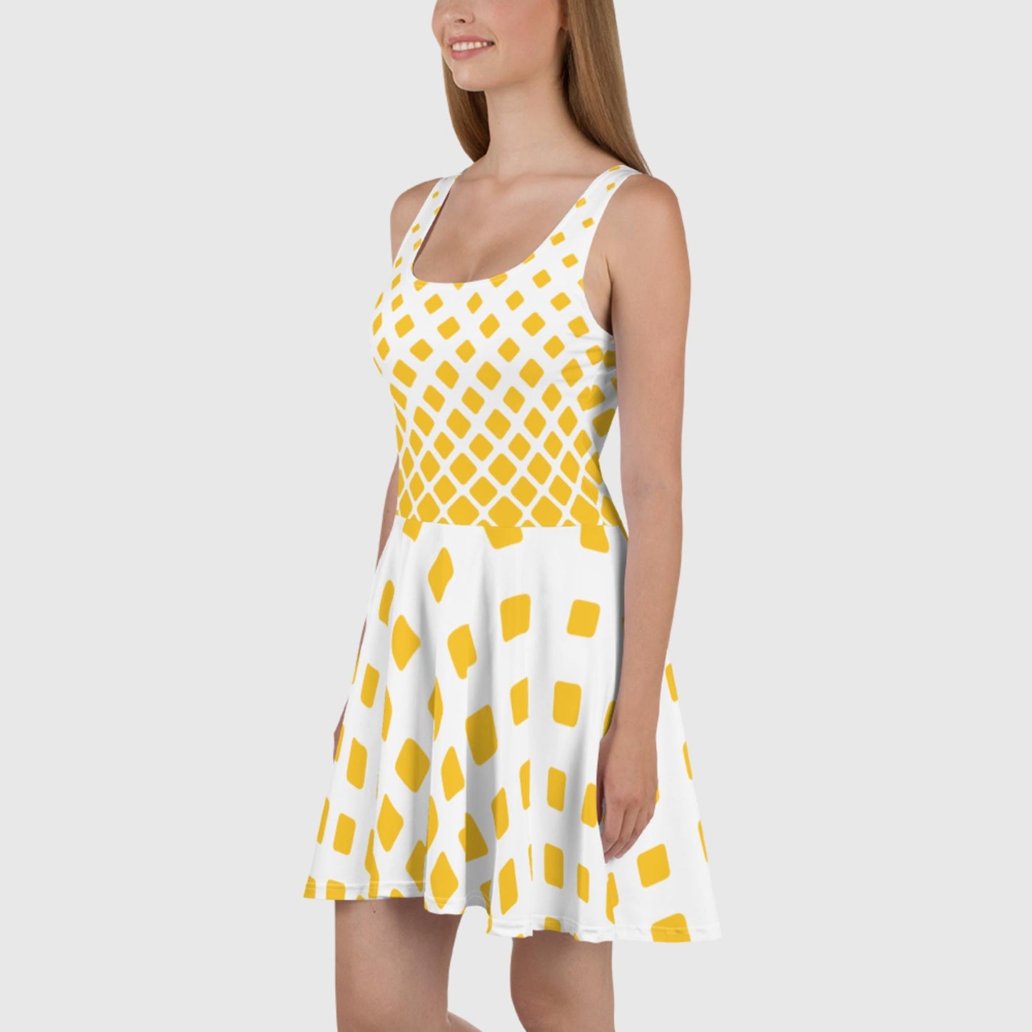 Women's Skater Dress, White - Yellow skater dress, Geometric pattern dress, Sleeveless dress, Skater dress for summer and spring - PratSN