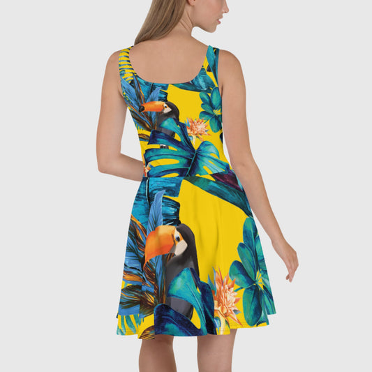 Women's Skater Dress, Yellow blue skater dress, Nature pattern sleeveless dress, Skater dress for summer and spring - PratSN