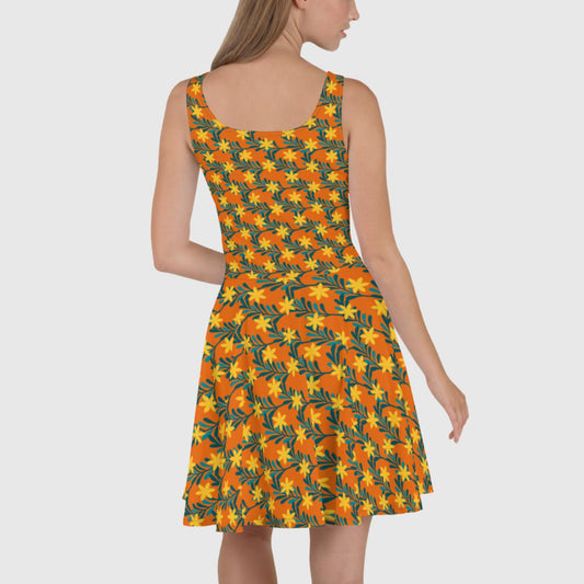 Women's Skater Dress, Yellow - orange skater dress, Blooming pattern sleeveless dress, Skater dress for summer and spring - PratSN