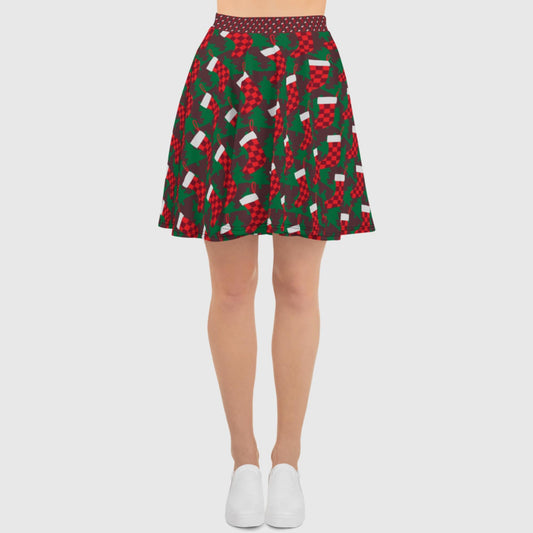 Women's skater skirt, Cab Sav/dark ruby and green color skirt, Multi - color skirt, Festive pattern skater skirt, Cut & sew sublimation skirt, skater skirt for summer and spring festivals - PratSN