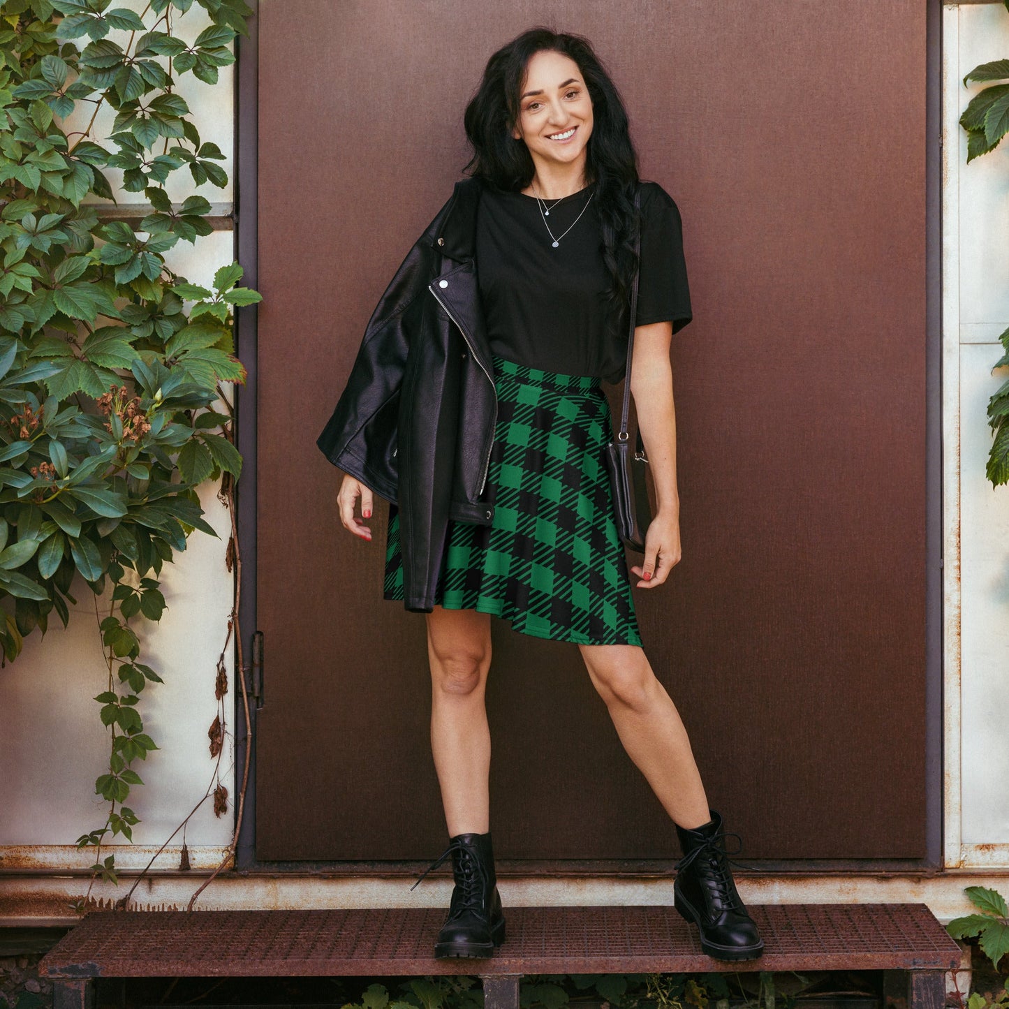 Women's skater skirt, Green and black color skirt, Geometric skater skirt, Cut & sew sublimation skirt, skater skirt for summer and spring - PratSN