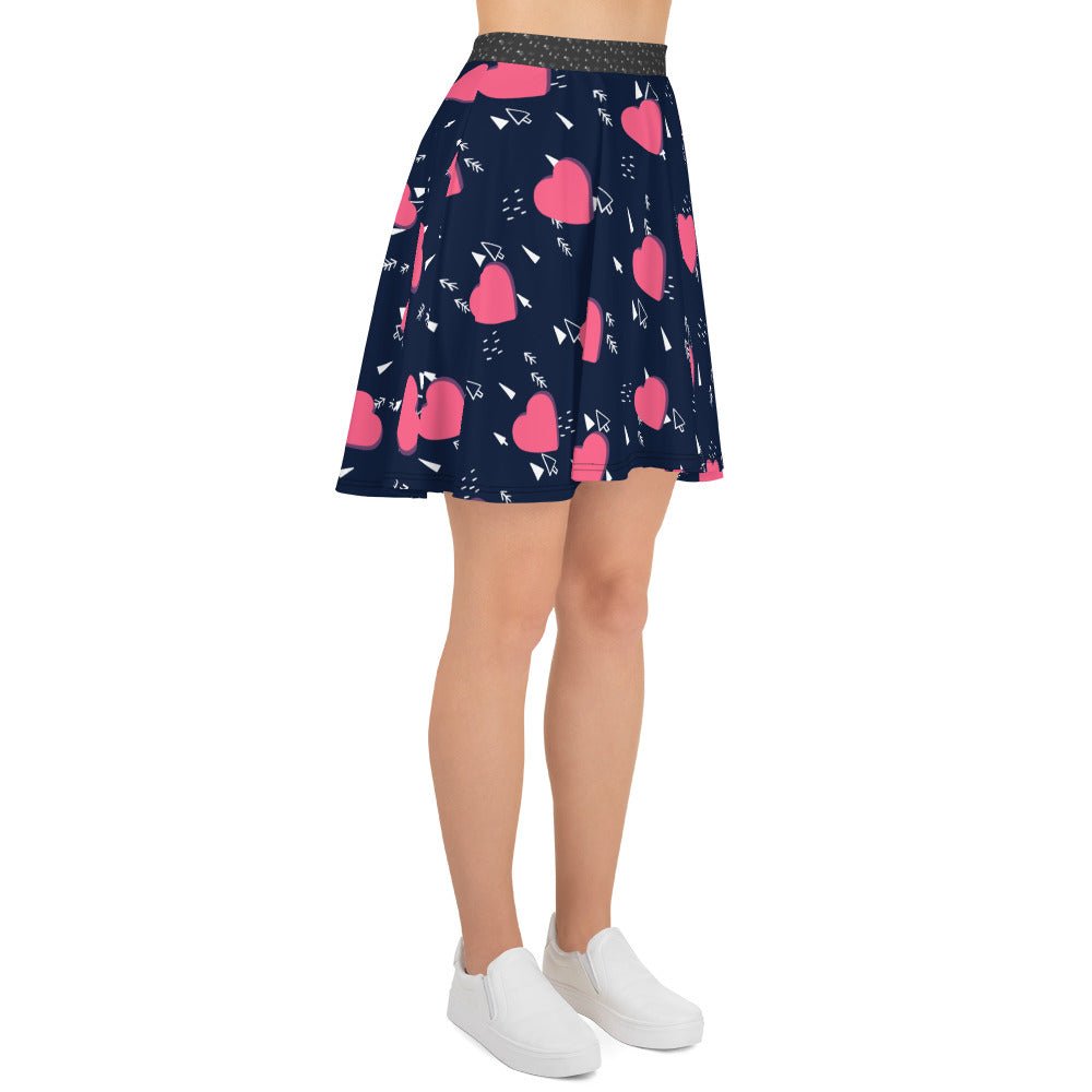 Women's skater skirt, Navy and pink color skirt, Love patterns - Hearts skirt, Festive pattern cut & sew sublimation, Summer special skirt skirt - PratSN