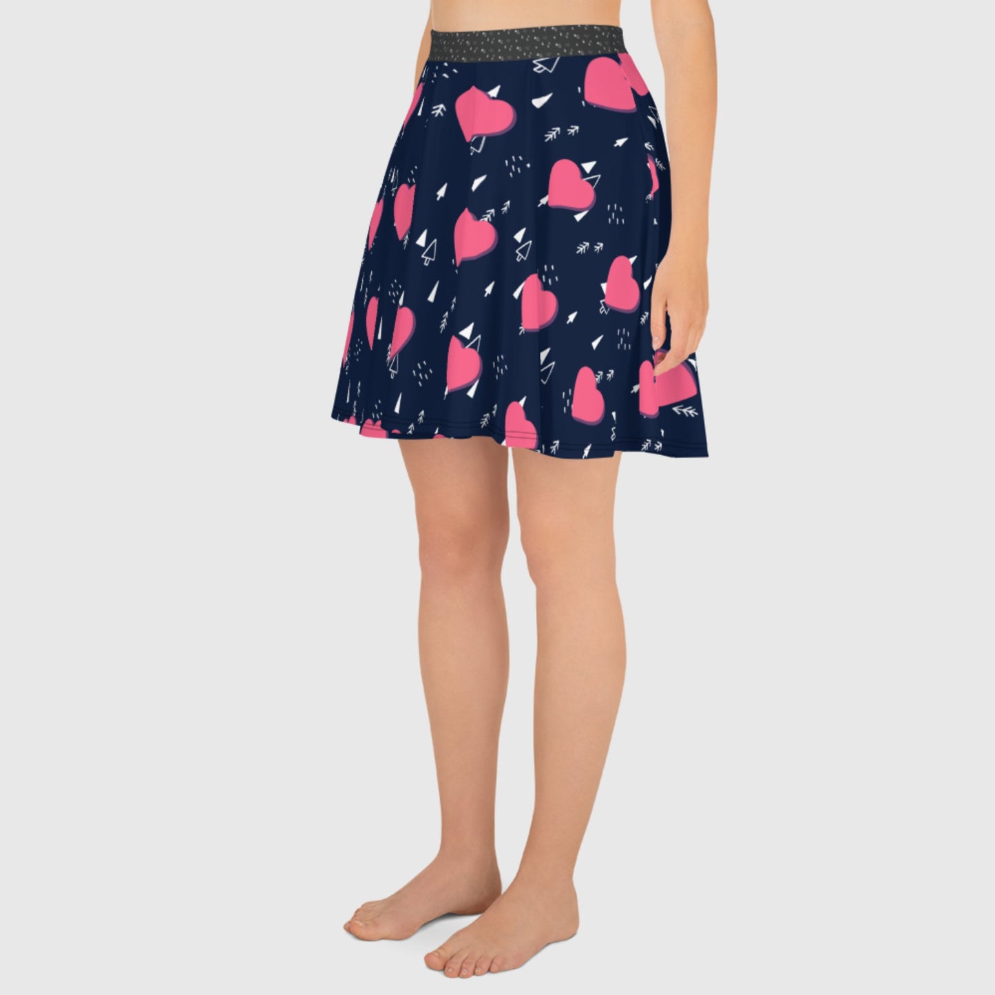 Women's skater skirt, Navy and pink color skirt, Love patterns - Hearts skirt, Festive pattern cut & sew sublimation, Summer special skirt skirt - PratSN