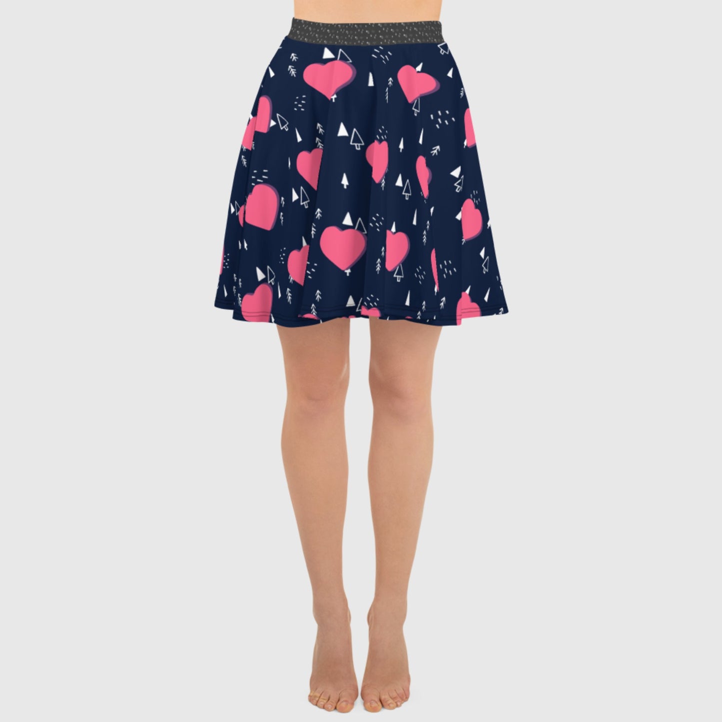Women's skater skirt, Navy and pink color skirt, Love patterns - Hearts skirt, Festive pattern cut & sew sublimation, Summer special skirt skirt - PratSN