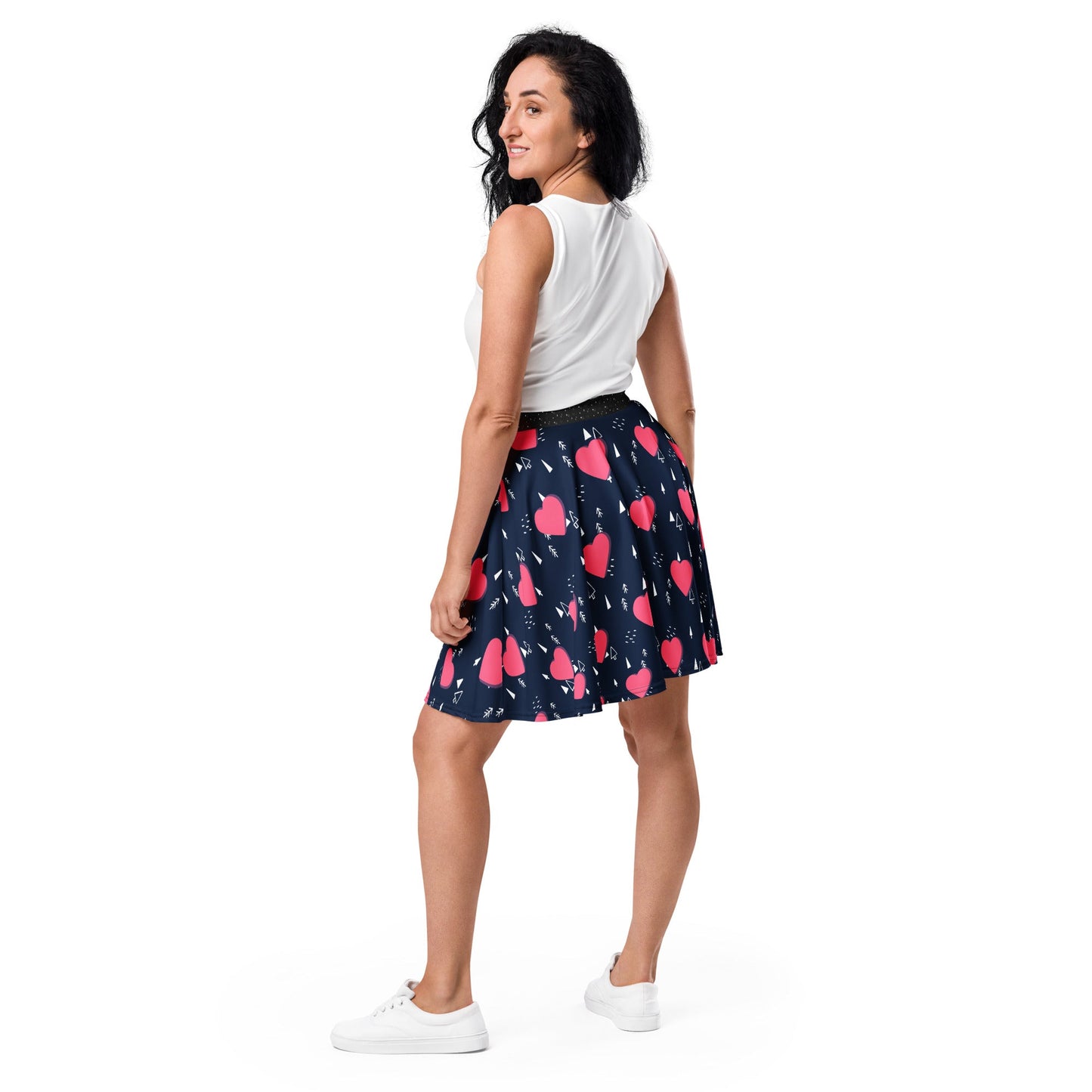 Women's skater skirt, Navy and pink color skirt, Love patterns - Hearts skirt, Festive pattern cut & sew sublimation, Summer special skirt skirt - PratSN