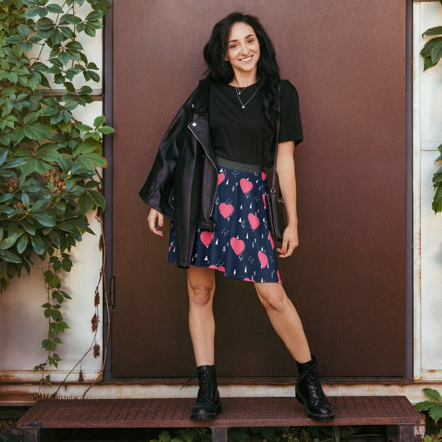 Women's skater skirt, Navy and pink color skirt, Love patterns - Hearts skirt, Festive pattern cut & sew sublimation, Summer special skirt skirt - PratSN