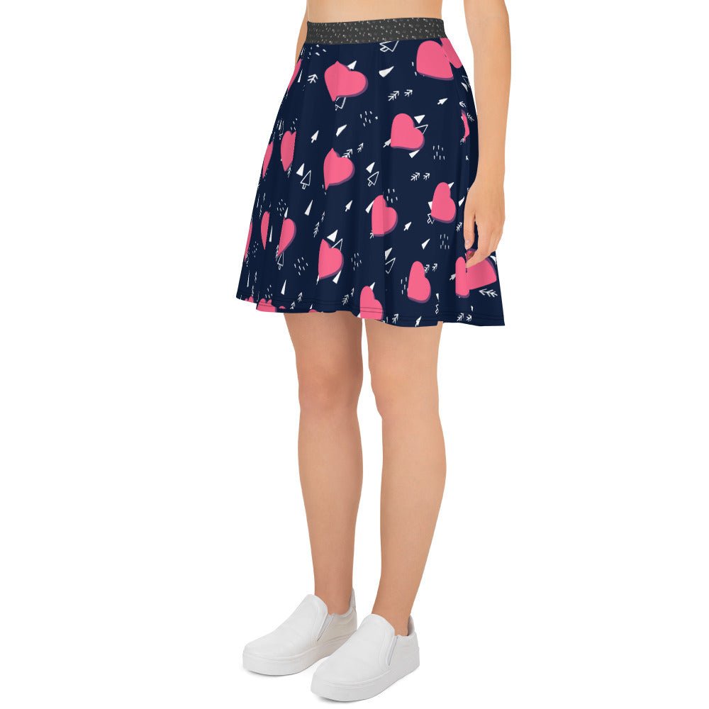 Women's skater skirt, Navy and pink color skirt, Love patterns - Hearts skirt, Festive pattern cut & sew sublimation, Summer special skirt skirt - PratSN