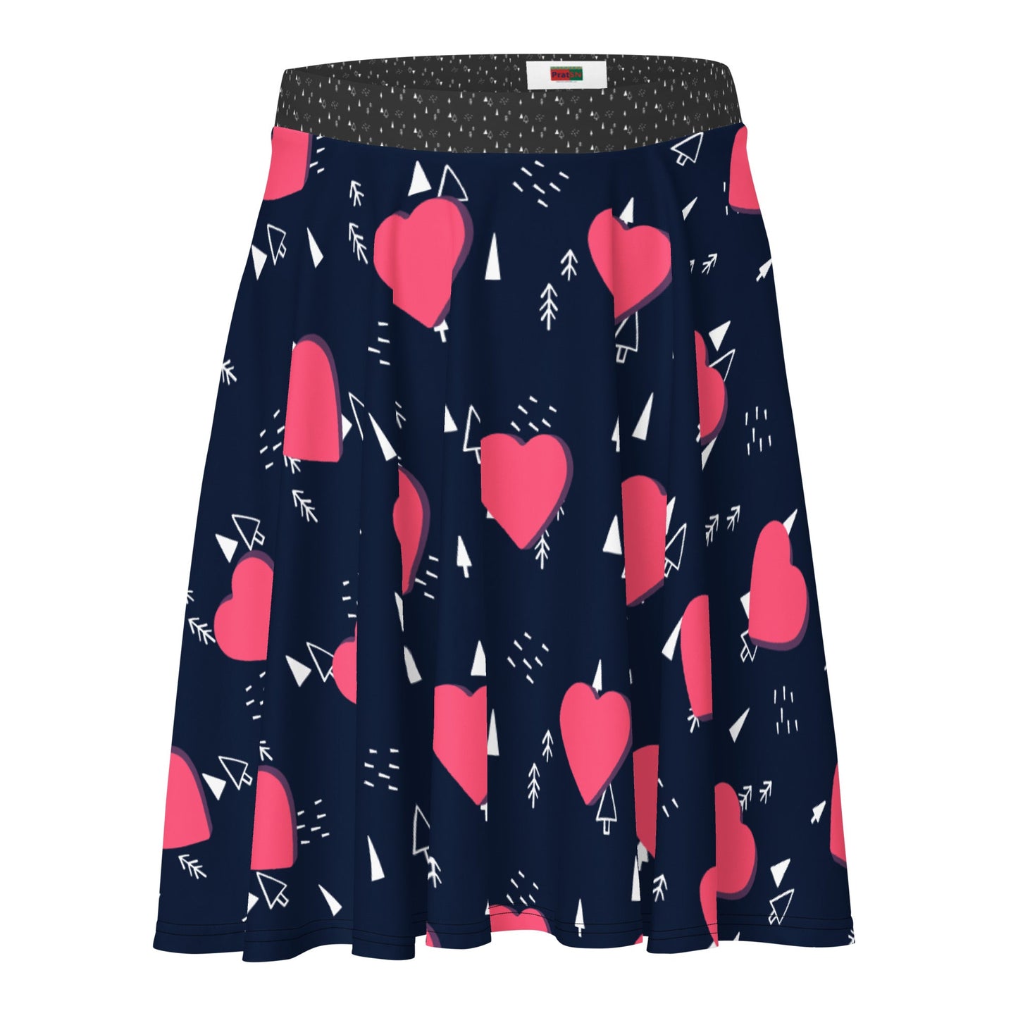 Women's skater skirt, Navy and pink color skirt, Love patterns - Hearts skirt, Festive pattern cut & sew sublimation, Summer special skirt skirt - PratSN