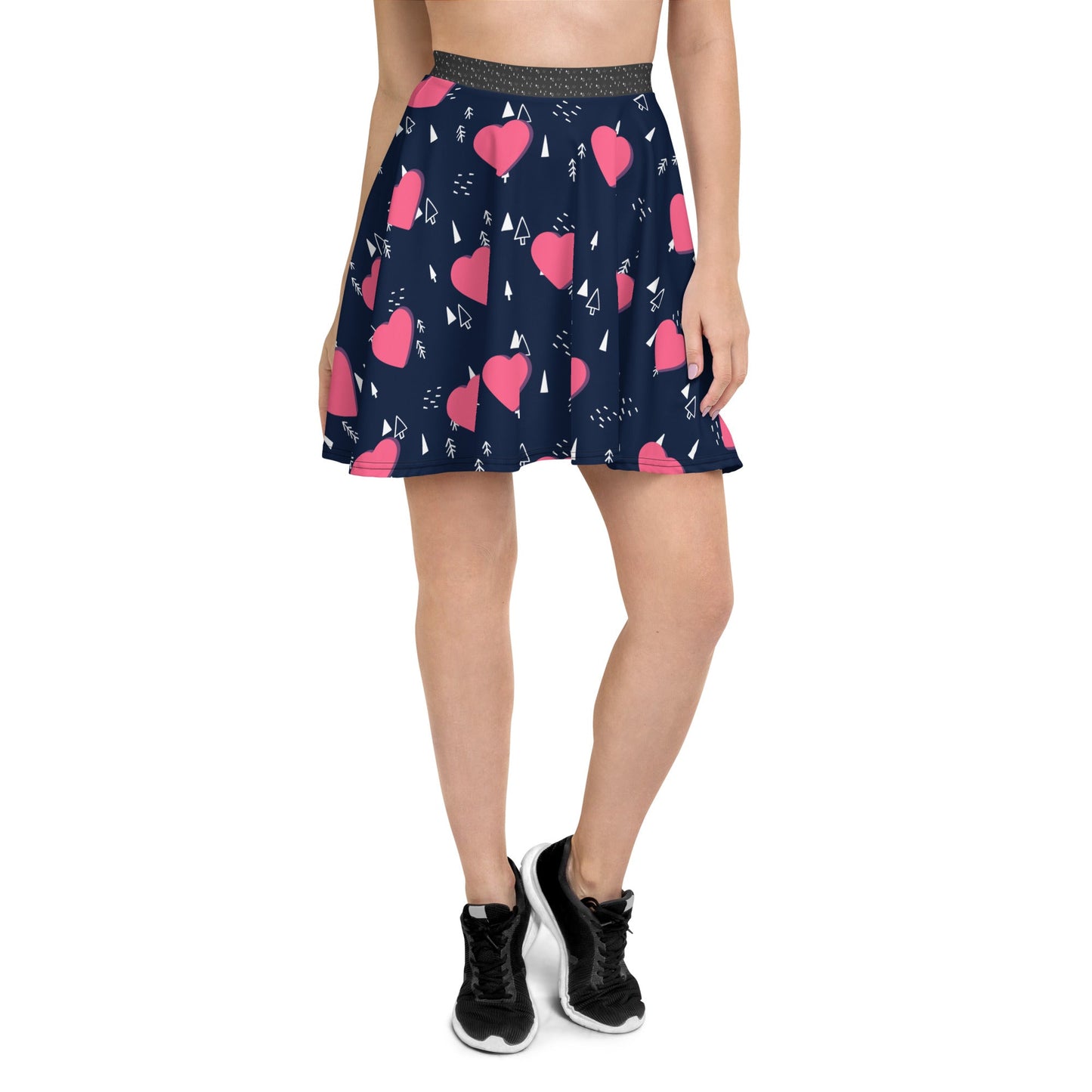 Women's skater skirt, Navy and pink color skirt, Love patterns - Hearts skirt, Festive pattern cut & sew sublimation, Summer special skirt skirt - PratSN