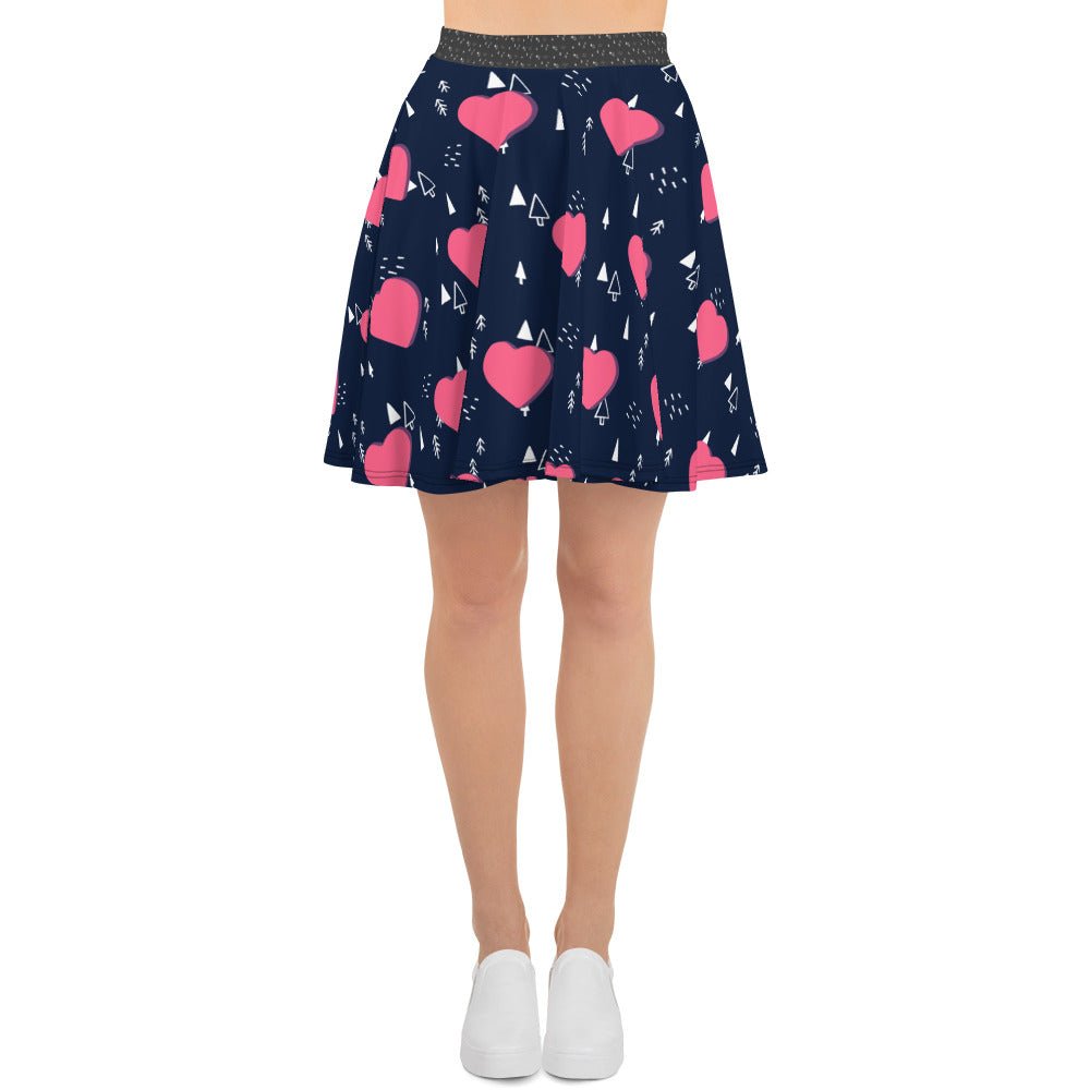 Women's skater skirt, Navy and pink color skirt, Love patterns - Hearts skirt, Festive pattern cut & sew sublimation, Summer special skirt skirt - PratSN