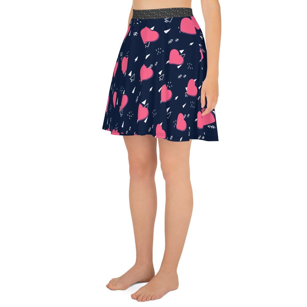 Women's skater skirt, Navy and pink color skirt, Love patterns - Hearts skirt, Festive pattern cut & sew sublimation, Summer special skirt skirt - PratSN