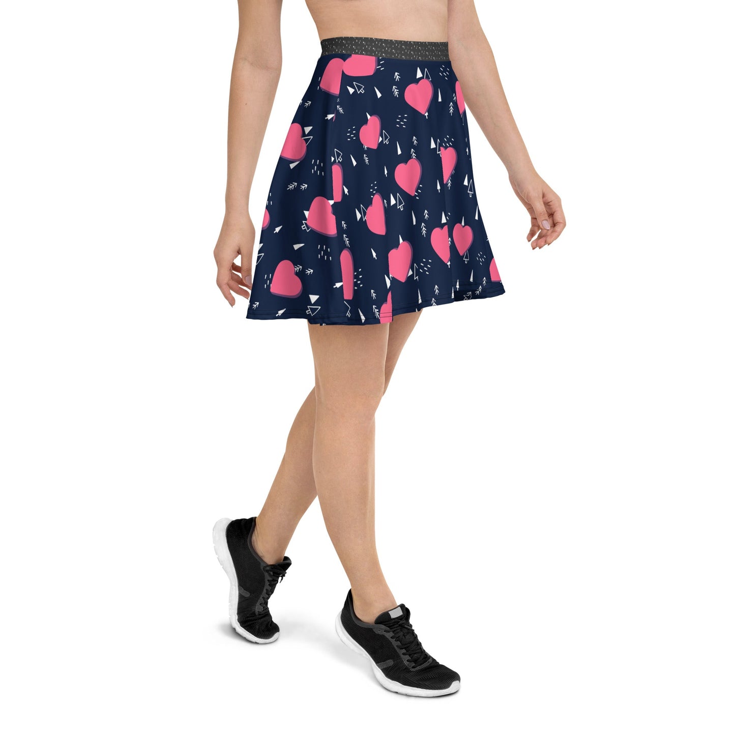 Women's skater skirt, Navy and pink color skirt, Love patterns - Hearts skirt, Festive pattern cut & sew sublimation, Summer special skirt skirt - PratSN