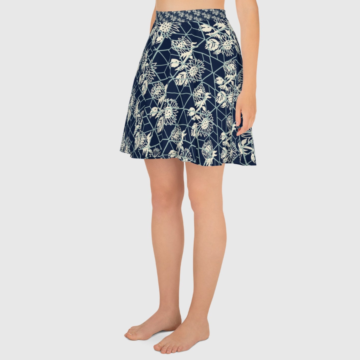 Women's skater skirt, Navy color skirt, Blooming and geometric pattern skater skirt, Cut & sew sublimation skirt, skater skirt for summer and spring - PratSN