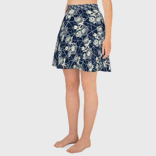 Women's skater skirt, Navy color skirt, Blooming and geometric pattern skater skirt, Cut & sew sublimation skirt, skater skirt for summer and spring - PratSN