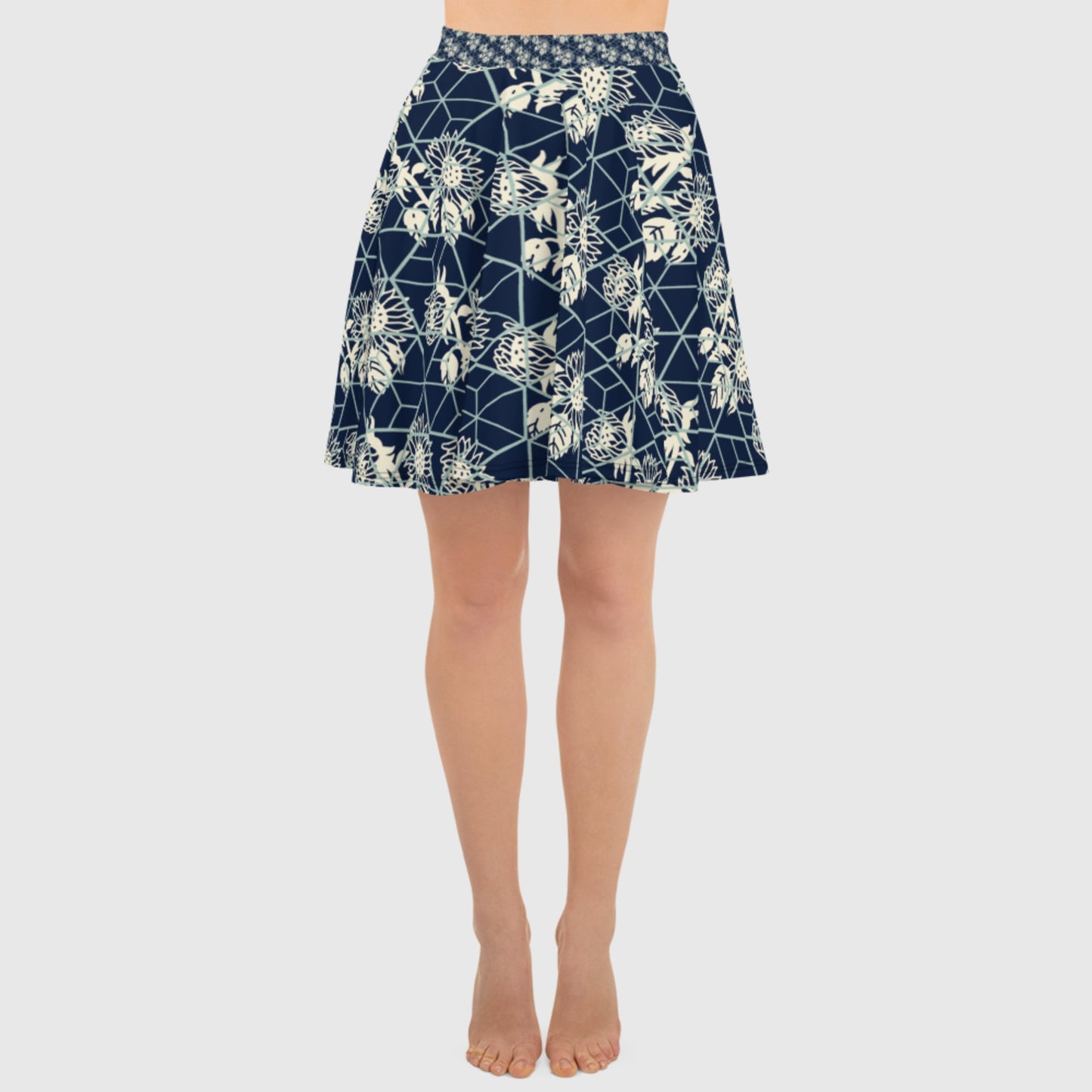 Women's skater skirt, Navy color skirt, Blooming and geometric pattern skater skirt, Cut & sew sublimation skirt, skater skirt for summer and spring - PratSN