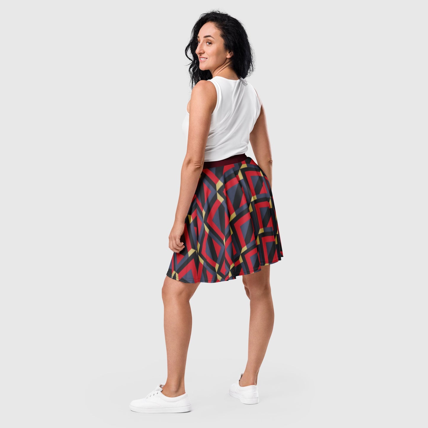 Women's skater skirt, red gray and amber skirt, multicolor skirt, Geometric pattern skater dress, skater skirt for summer and spring - PratSN
