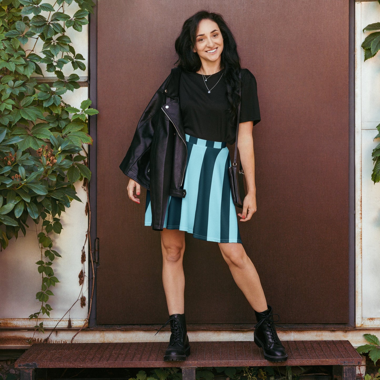 Women's skater skirt, Sky blue and deep green color skirt, Stripped skater skirt, Cut & sew sublimation skirt, skater skirt for summer and spring - PratSN