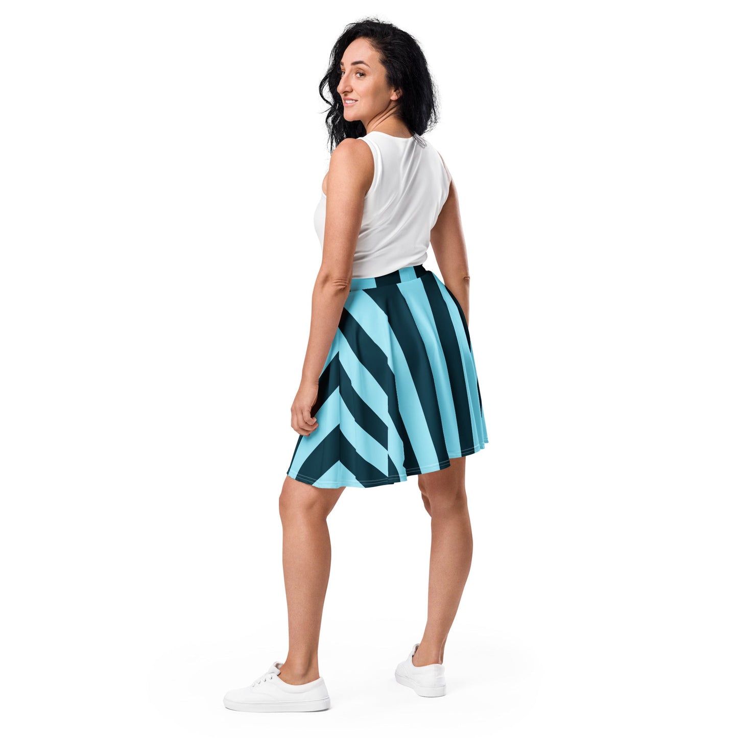 Women's skater skirt, Sky blue and deep green color skirt, Stripped skater skirt, Cut & sew sublimation skirt, skater skirt for summer and spring - PratSN