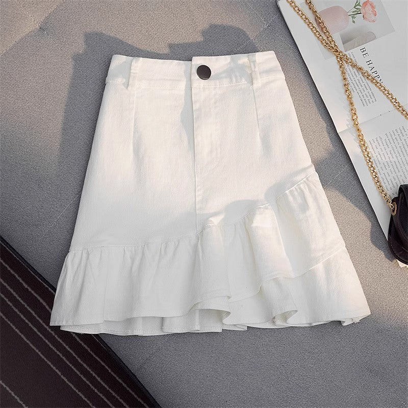 Women's Skirt White Denim Irregular Ruffles - PratSN