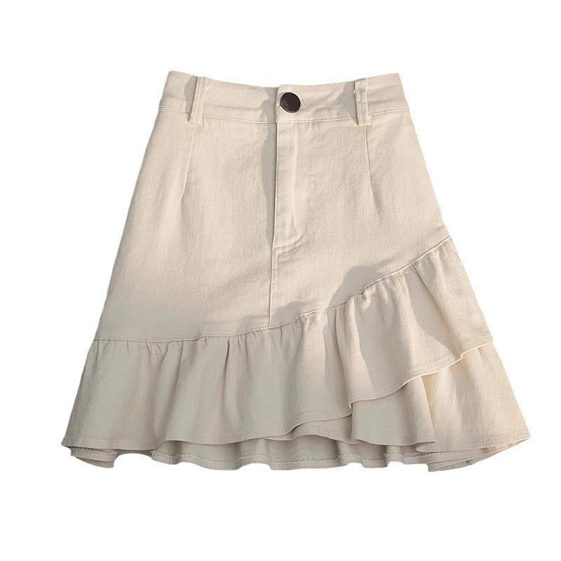 Women's Skirt White Denim Irregular Ruffles - PratSN