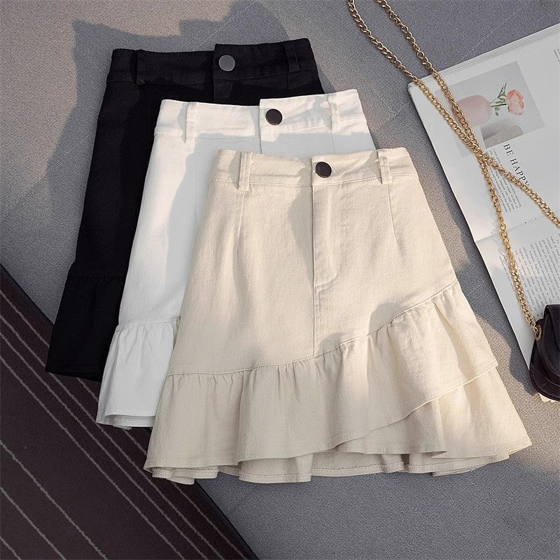 Women's Skirt White Denim Irregular Ruffles - PratSN