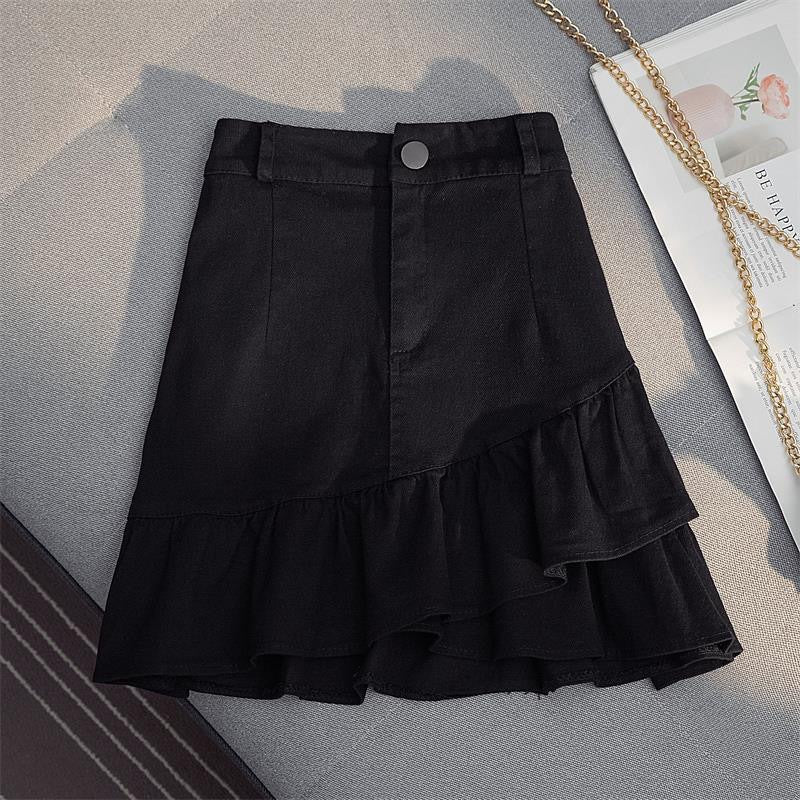 Women's Skirt White Denim Irregular Ruffles - PratSN