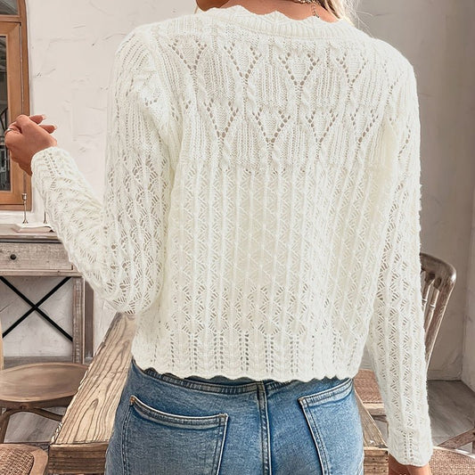 Women's Solid Color Elegant Round Neck Cardigan Top - Button Front Openwork Knit Top For Spring&Summer - PratSN