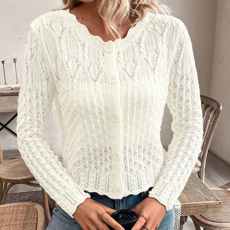 Women's Solid Color Elegant Round Neck Cardigan Top - Button Front Openwork Knit Top For Spring&Summer - PratSN