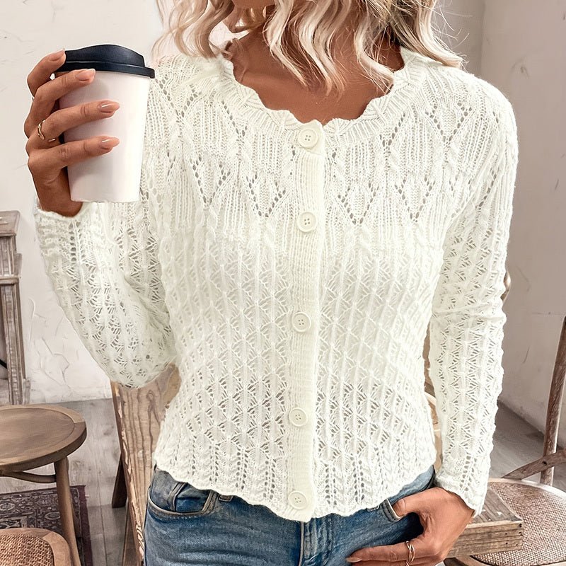 Women's Solid Color Elegant Round Neck Cardigan Top - Button Front Openwork Knit Top For Spring&Summer - PratSN