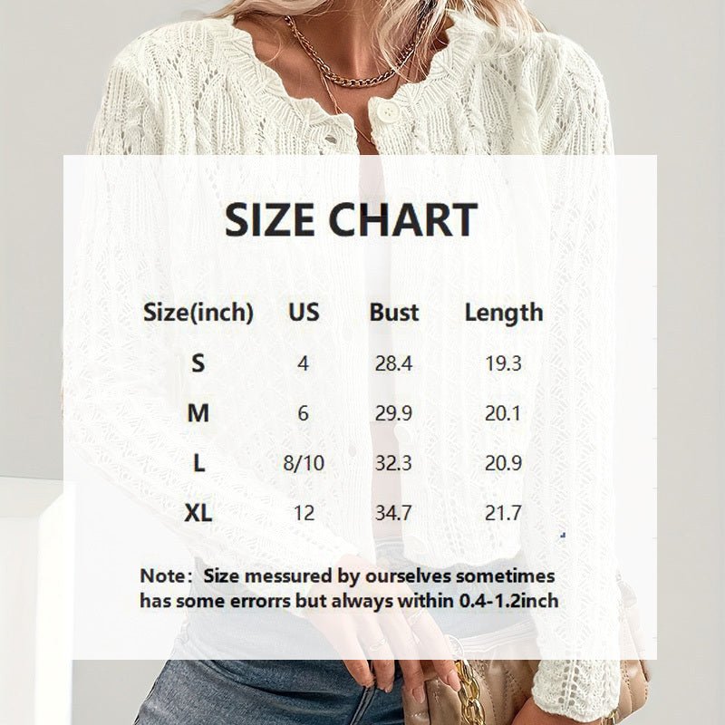 Women's Solid Color Elegant Round Neck Cardigan Top - Button Front Openwork Knit Top For Spring&Summer - PratSN
