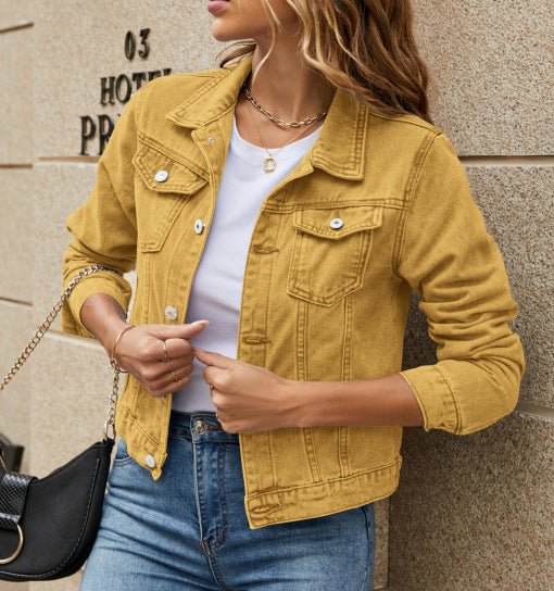 Women's Solid Color Fashion Slim Lapel Denim Jacket - PratSN